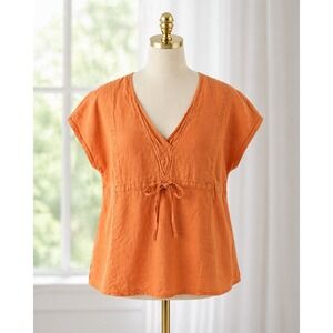 Talbots Pure Irish Linen Top Size 14W Orange V-Neck Empire Waist Cap Sleeve‎